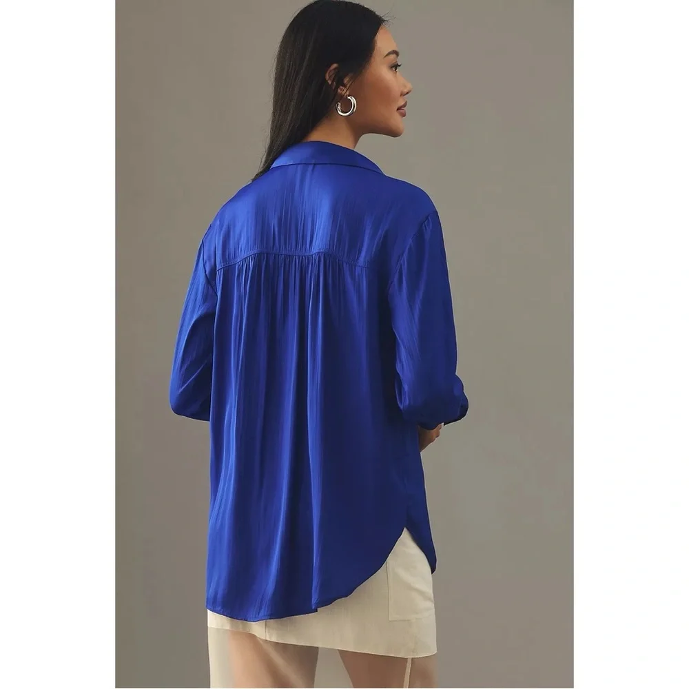 Anthropologie Relaxed Crinkle‎ Satin Button Down Shirt in Cobalt Blue - Picture 3 of 10